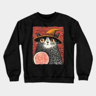Witch Cat with Crystal Ball – Spooky Halloween Linocut Crewneck Sweatshirt