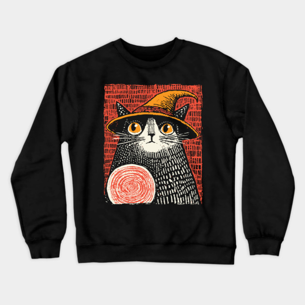 Witch Cat with Crystal Ball – Spooky Halloween Linocut Crewneck Sweatshirt by TuncGK