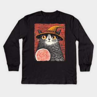 Witch Cat with Crystal Ball – Spooky Halloween Linocut Kids Long Sleeve T-Shirt