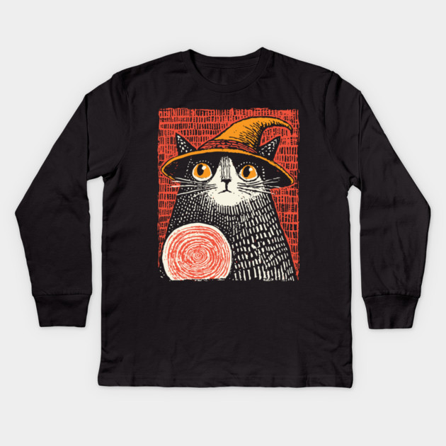 Witch Cat with Crystal Ball – Spooky Halloween Linocut Kids Long Sleeve T-Shirt by TuncGK