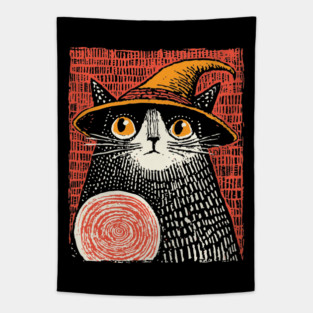 Witch Cat with Crystal Ball – Spooky Halloween Linocut Tapestry