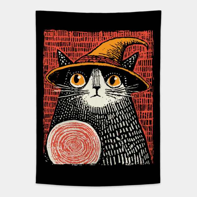 Witch Cat with Crystal Ball – Spooky Halloween Linocut Tapestry by TuncGK