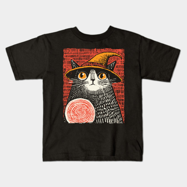 Witch Cat with Crystal Ball – Spooky Halloween Linocut Kids T-Shirt by TuncGK