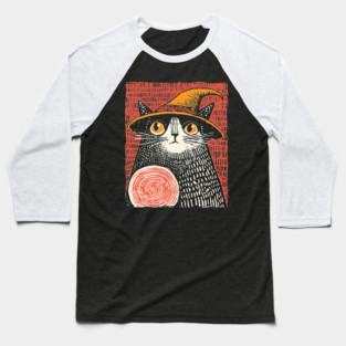 Witch Cat with Crystal Ball – Spooky Halloween Linocut Baseball T-Shirt