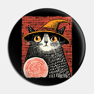 Witch Cat with Crystal Ball – Spooky Halloween Linocut Pin