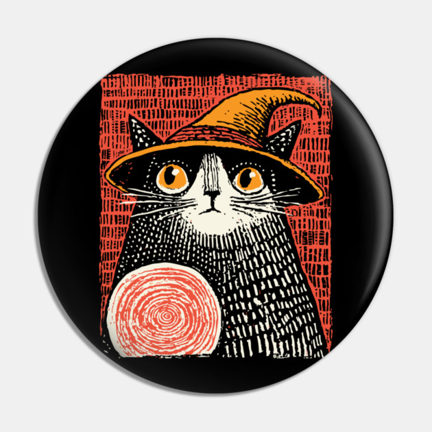 Witch Cat with Crystal Ball – Spooky Halloween Linocut Pin by TuncGK