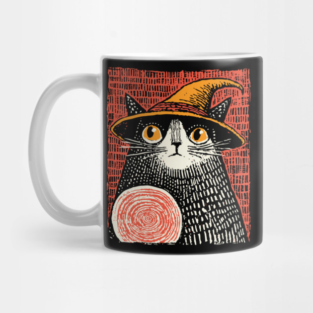 Witch Cat with Crystal Ball – Spooky Halloween Linocut by TuncGK