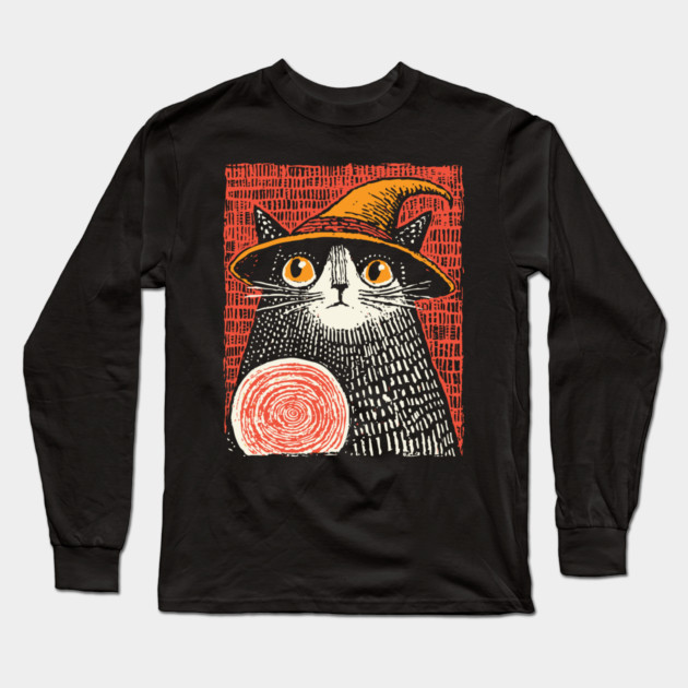 Witch Cat with Crystal Ball – Spooky Halloween Linocut Long Sleeve T-Shirt by TuncGK