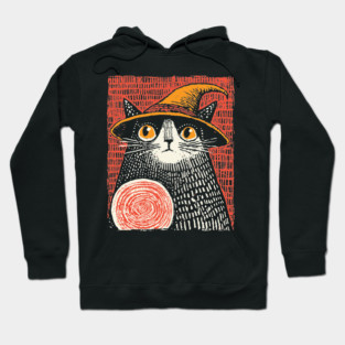 Witch Cat with Crystal Ball – Spooky Halloween Linocut Hoodie