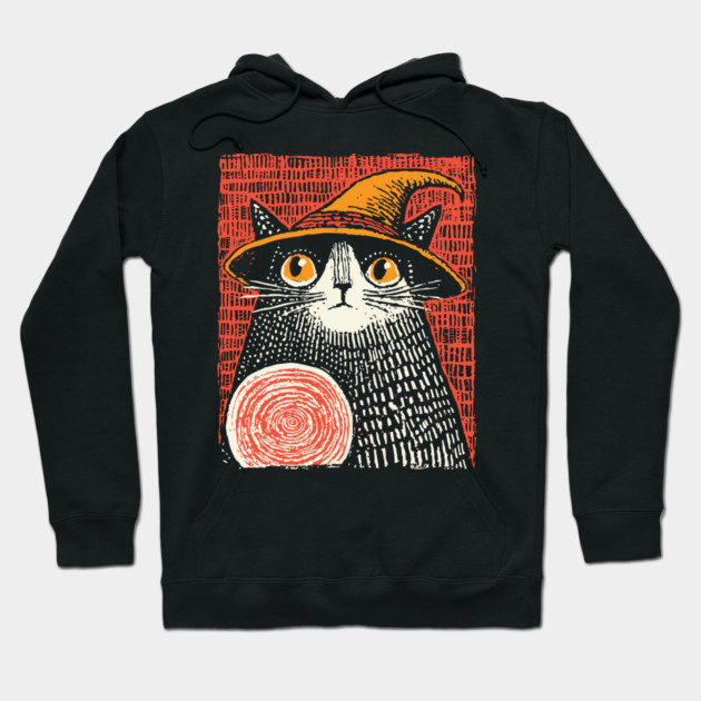 Witch Cat with Crystal Ball – Spooky Halloween Linocut Hoodie by TuncGK