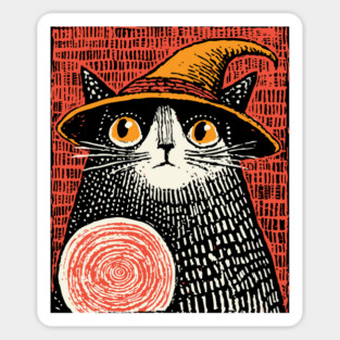 Witch Cat with Crystal Ball – Spooky Halloween Linocut Sticker