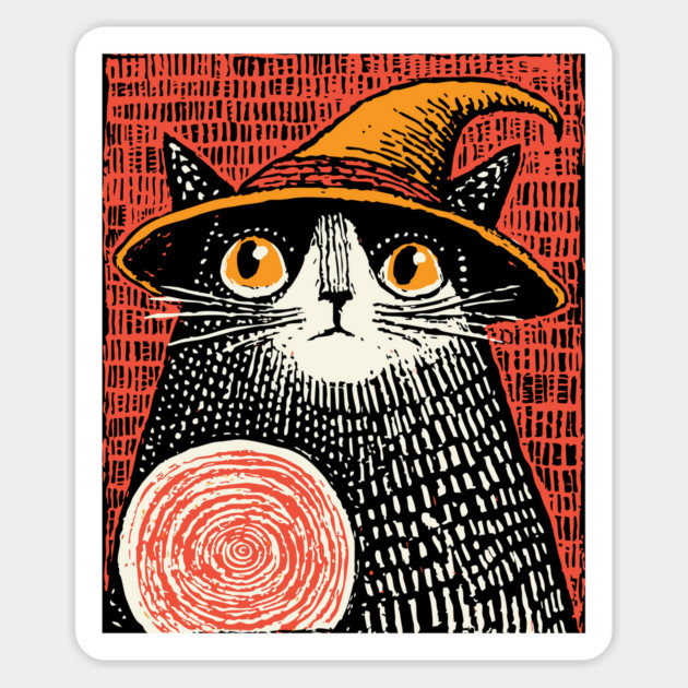 Witch Cat with Crystal Ball – Spooky Halloween Linocut Magnet by TuncGK