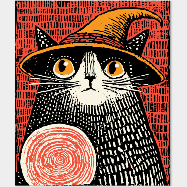 Witch Cat with Crystal Ball – Spooky Halloween Linocut Wall Art by TuncGK