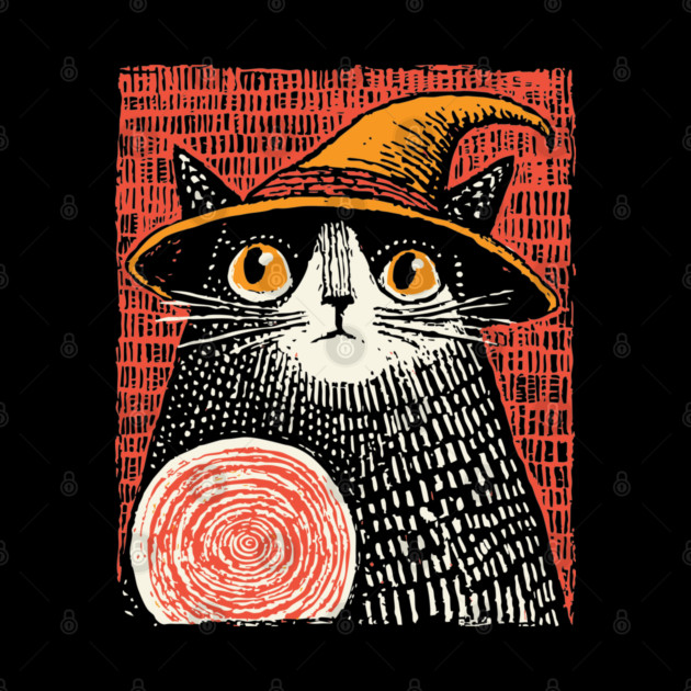 Witch Cat with Crystal Ball – Spooky Halloween Linocut by TuncGK