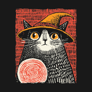 Witch Cat with Crystal Ball – Spooky Halloween Linocut T-Shirt
