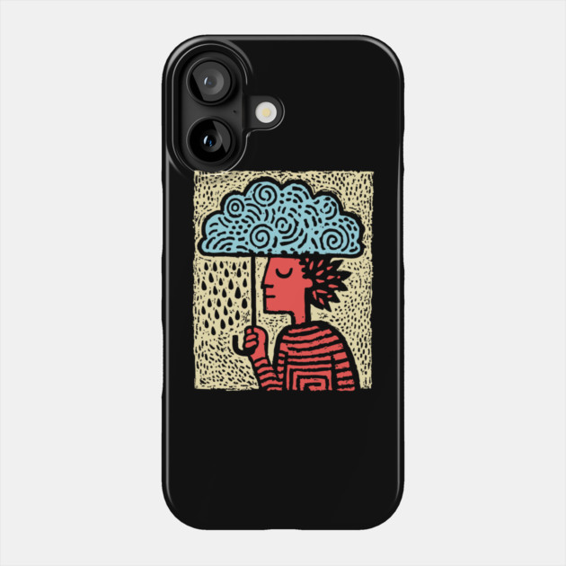 Spring Rain Shower – Cloud Umbrella Linocut Phone Case by TuncGK