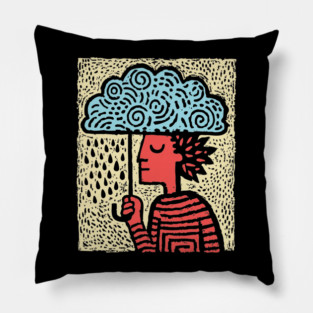 Spring Rain Shower – Cloud Umbrella Linocut Pillow