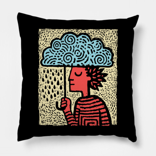 Spring Rain Shower – Cloud Umbrella Linocut Pillow by TuncGK
