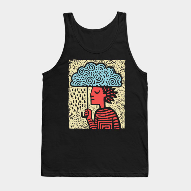 Spring Rain Shower – Cloud Umbrella Linocut Tank Top by TuncGK