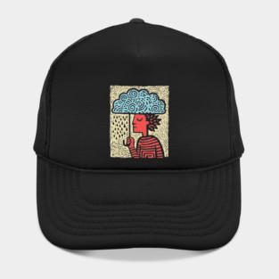 Spring Rain Shower – Cloud Umbrella Linocut Hat