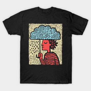 Spring Rain Shower – Cloud Umbrella Linocut T-Shirt