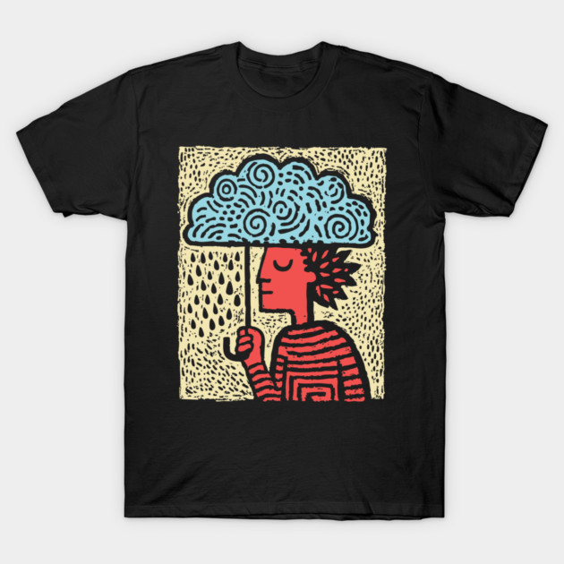 Spring Rain Shower – Cloud Umbrella Linocut T-Shirt by TuncGK
