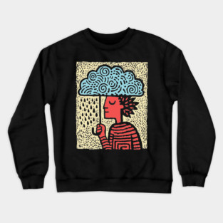 Spring Rain Shower – Cloud Umbrella Linocut Crewneck Sweatshirt