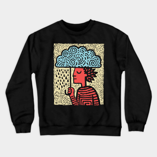 Spring Rain Shower – Cloud Umbrella Linocut Crewneck Sweatshirt by TuncGK