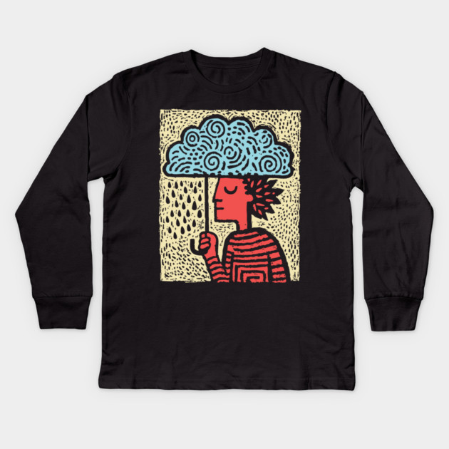 Spring Rain Shower – Cloud Umbrella Linocut Kids Long Sleeve T-Shirt by TuncGK