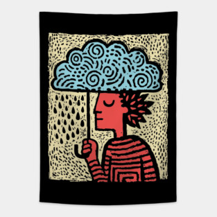 Spring Rain Shower – Cloud Umbrella Linocut Tapestry