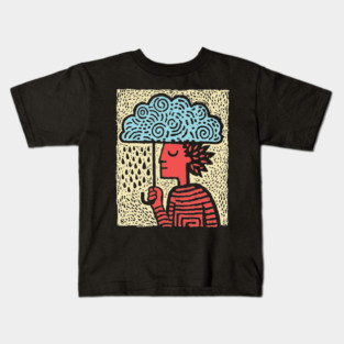 Spring Rain Shower – Cloud Umbrella Linocut Kids T-Shirt
