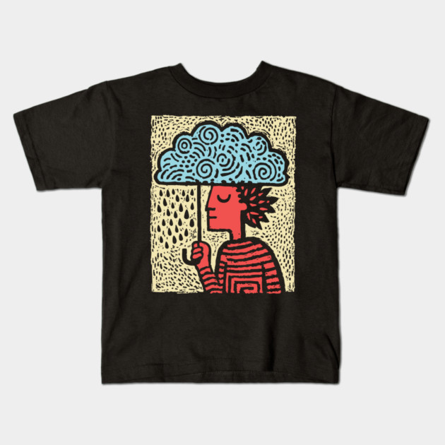 Spring Rain Shower – Cloud Umbrella Linocut Kids T-Shirt by TuncGK