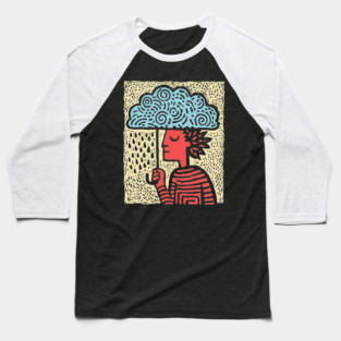 Spring Rain Shower – Cloud Umbrella Linocut Baseball T-Shirt