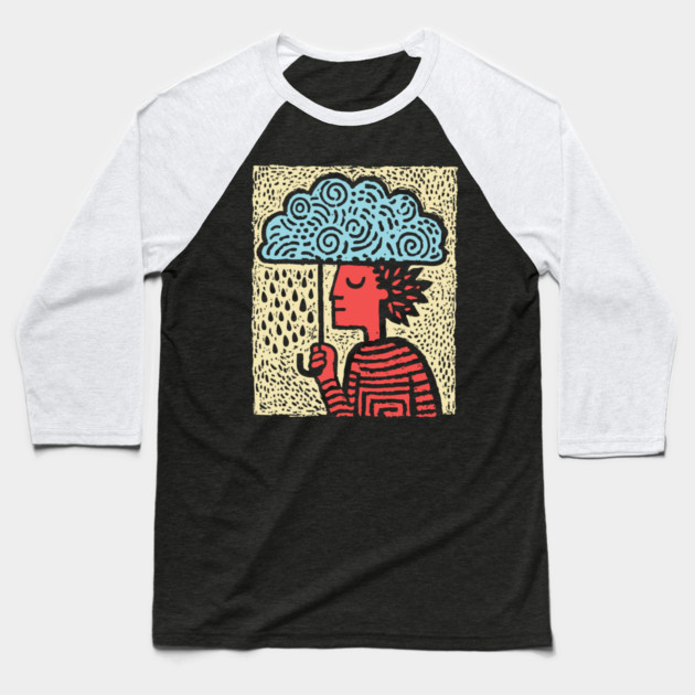 Spring Rain Shower – Cloud Umbrella Linocut Baseball T-Shirt by TuncGK