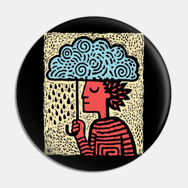 Spring Rain Shower – Cloud Umbrella Linocut Pin by TuncGK