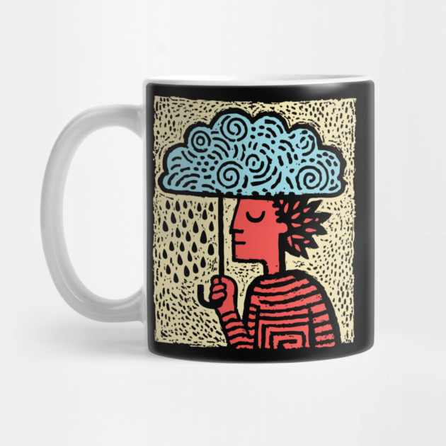 Spring Rain Shower – Cloud Umbrella Linocut by TuncGK