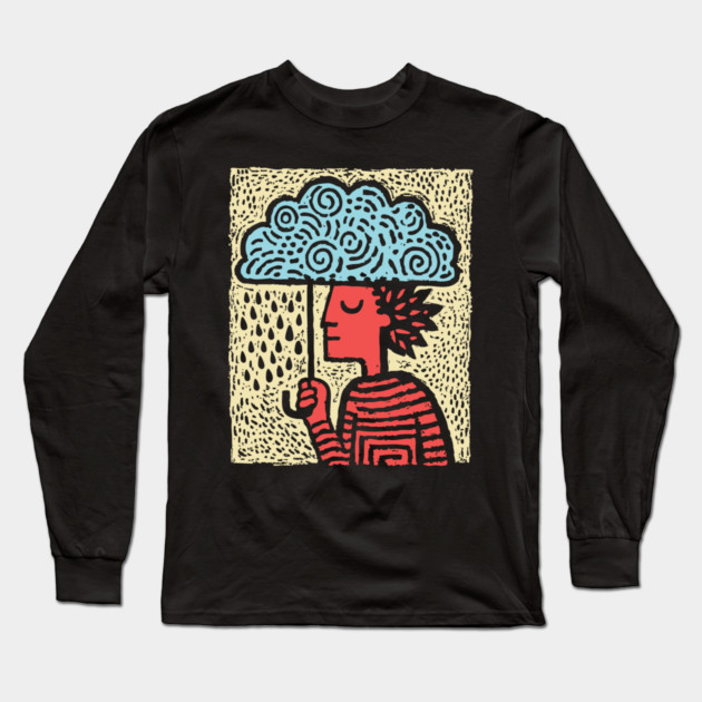 Spring Rain Shower – Cloud Umbrella Linocut Long Sleeve T-Shirt by TuncGK