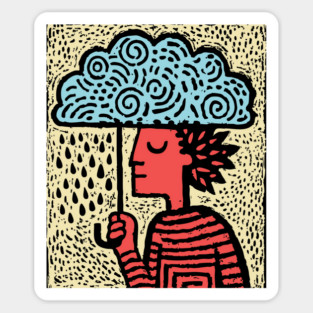 Spring Rain Shower – Cloud Umbrella Linocut Magnet