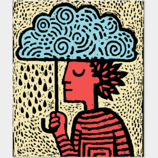 Spring Rain Shower – Cloud Umbrella Linocut Posters and Art