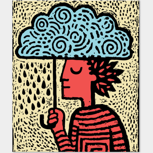 Spring Rain Shower – Cloud Umbrella Linocut Wall Art by TuncGK
