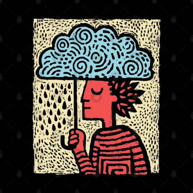 Spring Rain Shower – Cloud Umbrella Linocut by TuncGK