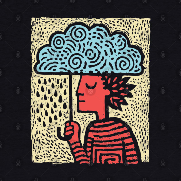 Spring Rain Shower – Cloud Umbrella Linocut by TuncGK