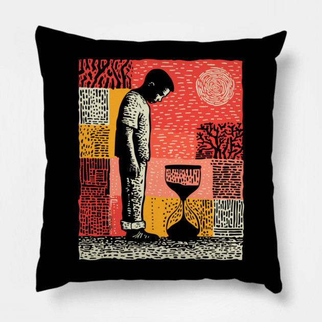 Time Running Out – Hourglass Reflection Linocut Pillow by TuncGK