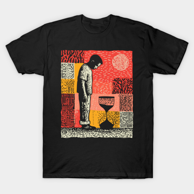 Time Running Out – Hourglass Reflection Linocut T-Shirt by TuncGK
