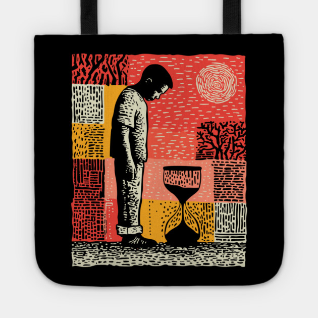 Time Running Out – Hourglass Reflection Linocut Tote by TuncGK