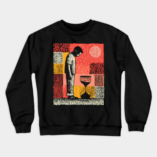 Time Running Out – Hourglass Reflection Linocut Crewneck Sweatshirt by TuncGK