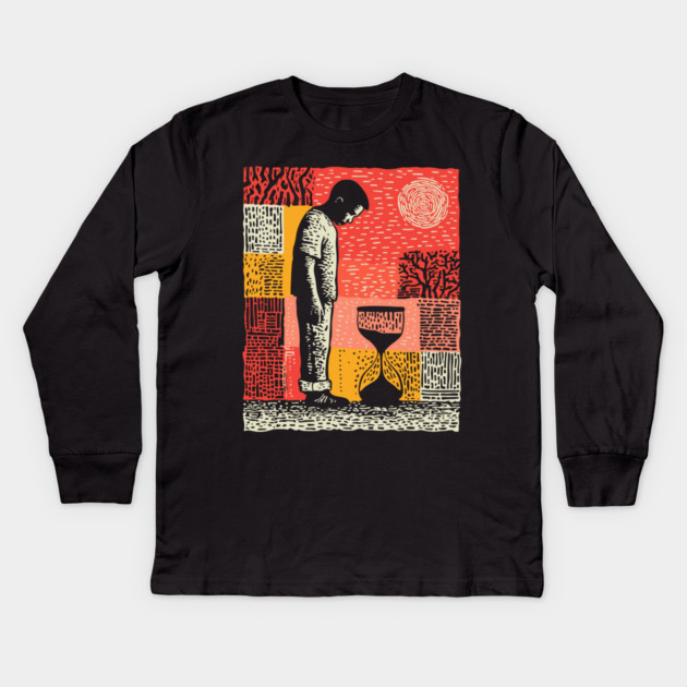 Time Running Out – Hourglass Reflection Linocut Kids Long Sleeve T-Shirt by TuncGK