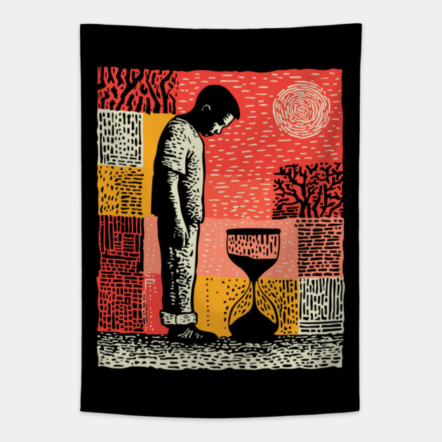 Time Running Out – Hourglass Reflection Linocut Tapestry by TuncGK