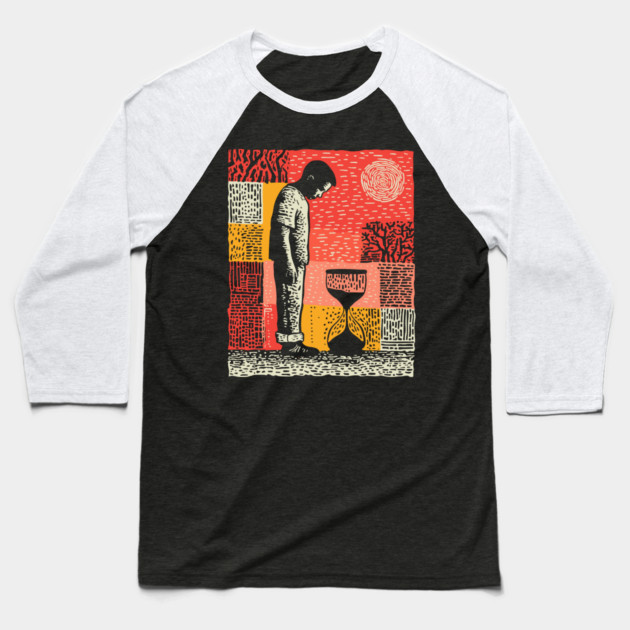Time Running Out – Hourglass Reflection Linocut Baseball T-Shirt by TuncGK