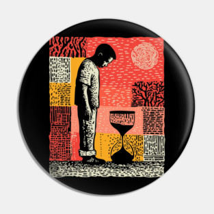 Time Running Out – Hourglass Reflection Linocut Pin